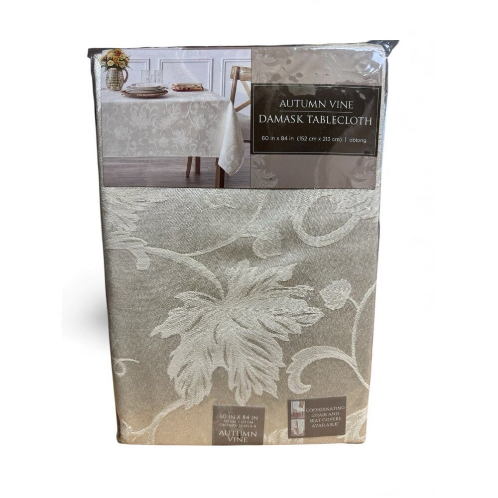 Autumn Vine Damask Tablecloth Ivory 60x84 Oblong New In Package - Picture 2 of 3